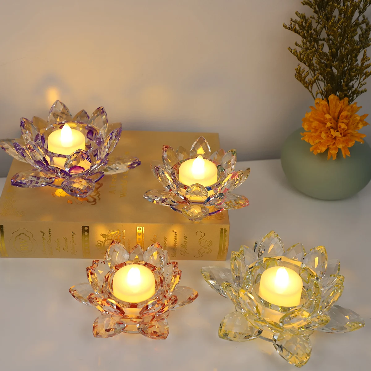 Wholesale Colorful Crystal Lotus Candle Holders Transparent New Gifts With Led Lighted Multiple Color Wedding Dinner Table Decor