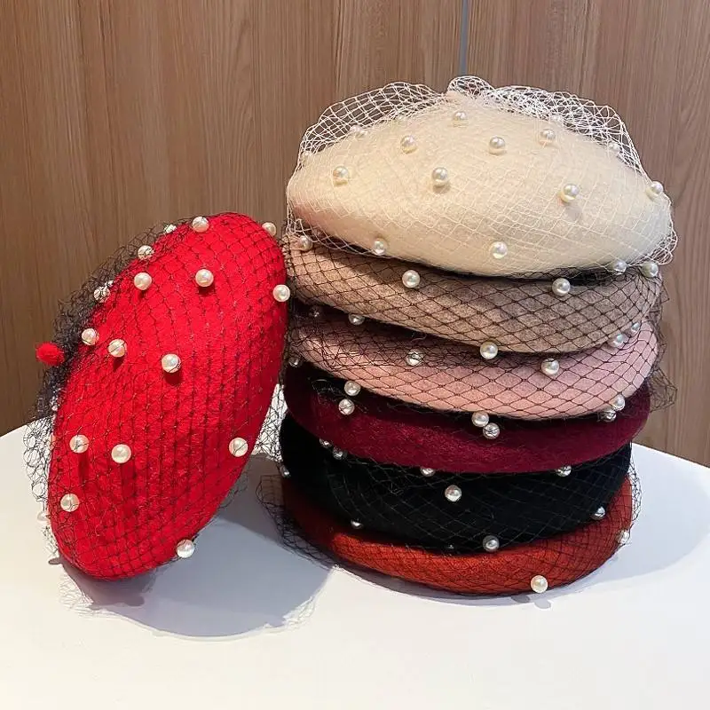 Custom Logo Mesh Berets Pearl Beaded Cap Autumn Winter Retro Wool Beret Hats for Women Embroidery Boina