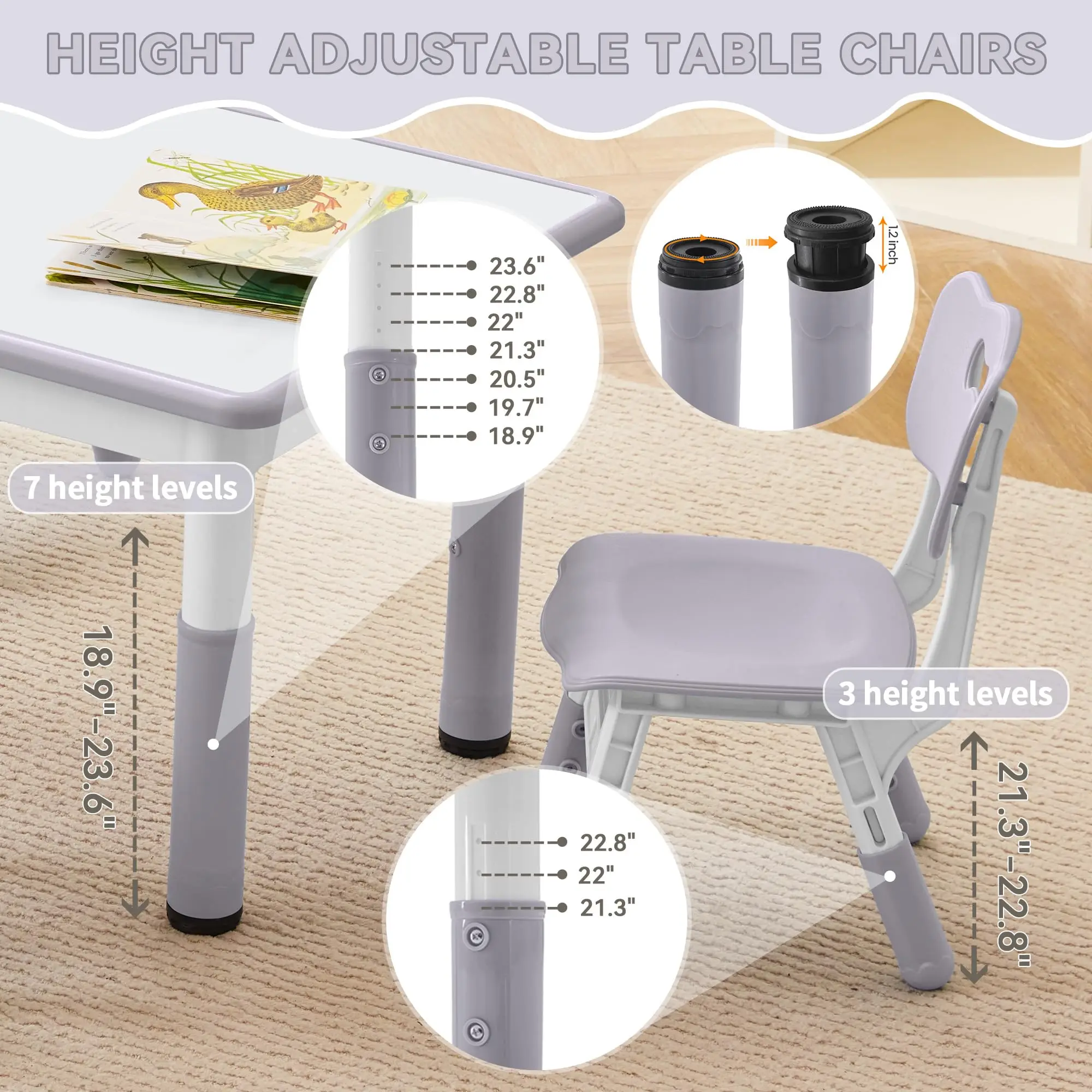60*60cm Wood Plastic Table and Chair Set,Kids Daycare Furniture Graffiti Study Desk Adjustable Height 1 Table and 4 Chairs