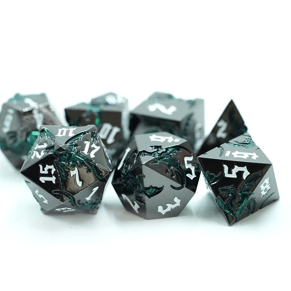 Glossy Black With Green Dragon Dnd Metal Dice Metallic Dnd Dice Set With White Number Dungeons and Dragon Dice for Tabletop Game factory