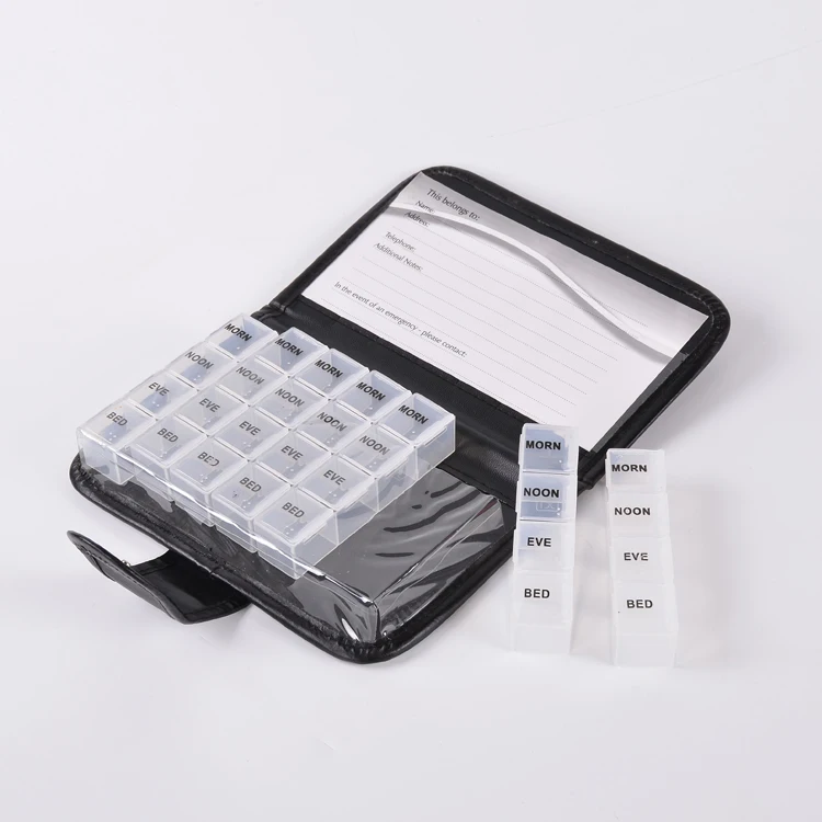 28 Compartments Weekly Monthly Am Pm Medicine Storage Manufacturer Directly Sale rainbow 7 Colors Pill Box with PU Bag Notebook