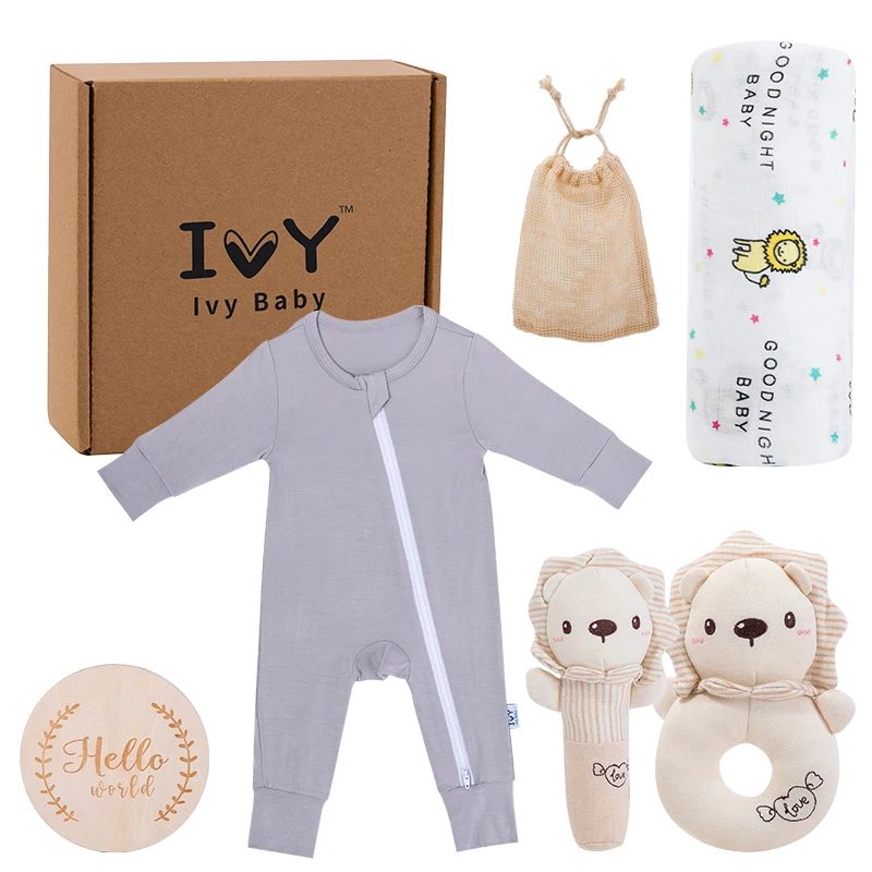 Coffret cadeau de bienvenue gris pour nouveau-né, coffret cadeau unisexe pour garçon et fille