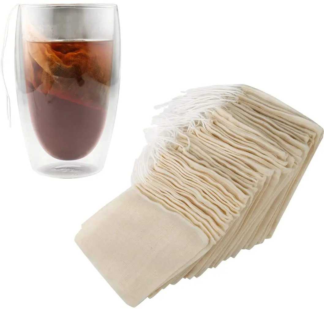 100 stuks katoenen mousseline kruidenzakjes met trekkoord, 8 x 10 cm, herbruikbare kruidenzakjes voor de keuken, netzakken voor losse thee, fruitthee, koffie, specerijen