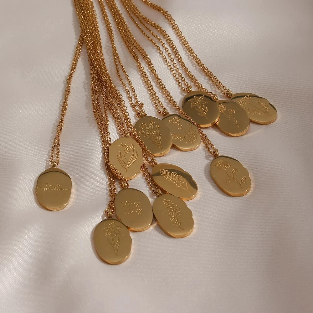 2023 New Tarnish Free Irregular Personality 12 Months Flower Pendant Necklace Stainless Steel Gold Plated Birthstone Necklaces