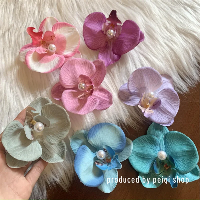 Simulated Iris Butterfly Orchid Pearl Duck Bill Clip Holiday Photography Beach Hair Accessories
