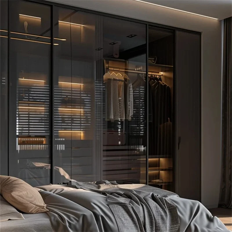 Luxury Black Wall Mounted Wardrobe with Glass Doors