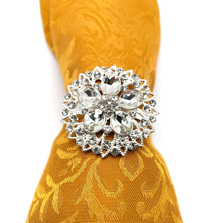 Diamond Rhinestone Gold Metal Flower Napkin Rings