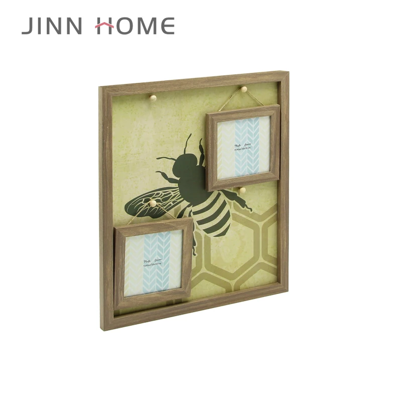 Rustic Brown Picture Collage Photo Frame with Bee Background Hanging Photo Frame With Wood Clips for 4x4 Small Photo Display