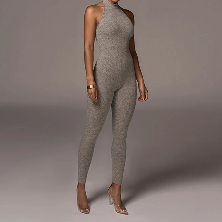 2024 Summer Custom Sleeveless Fashion Solid Color Ribbed Bodycon Jumpsuit Bodysuits Women One