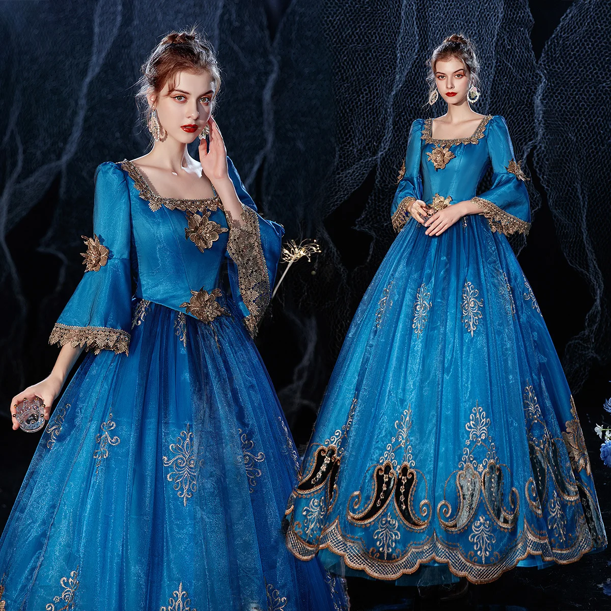 blue marie antoinette dress Marie Antoinette Rococo Style Dress in Blue and Ivory with Layered Skirt and Lace Bell Sleeves  Baroque Ball Gown Plus Size