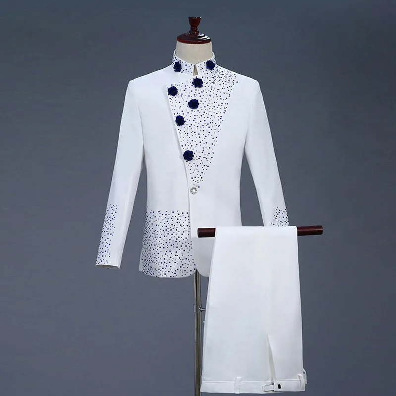 Retro Zhongshan Youth Chinese Dress White-Encrusted Blue Diamond