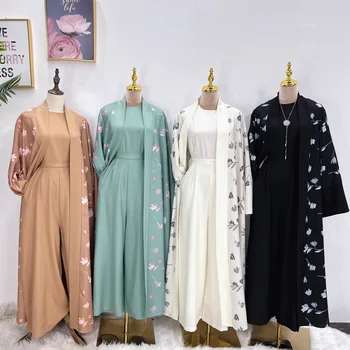 Latest Custom Islamic Clothing Dubai Luxury EID Modest Abayas Rhinestone Kimono for Muslim Women Dress Sparkly Open Abaya Set