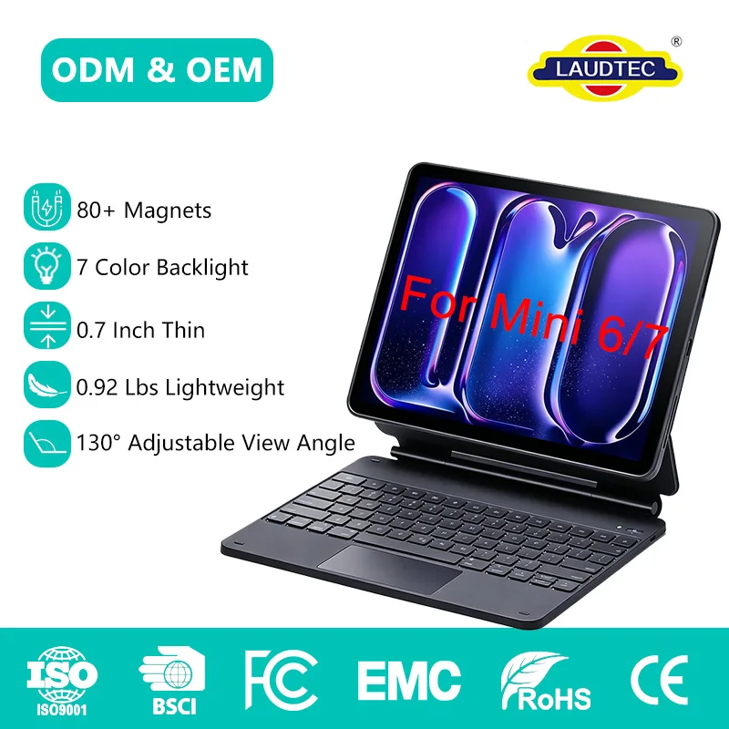 Funda teclado Laudtec para iPad Mini 6, soporte plegable magnético con touchpad, compatible con distribuciones US/UK/IT/BR, personalización OEM/ODM