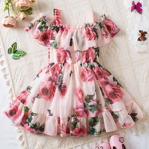 Summer Girls' One-Shoulder Dress O-Neck Floral Rose Print Princess Suspender Dresses for Girls