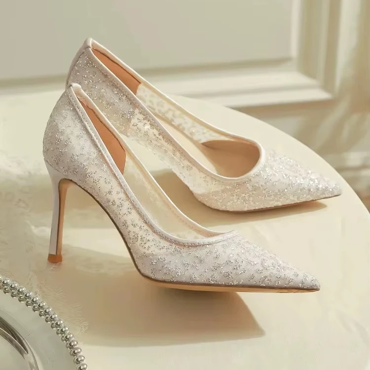 Ladies Bride Shoe Pointed Toe Stiletto Wedding Shoes Set White Lace Mesh 8 Cm Heel Wedding Shoes For Bride - Image 1