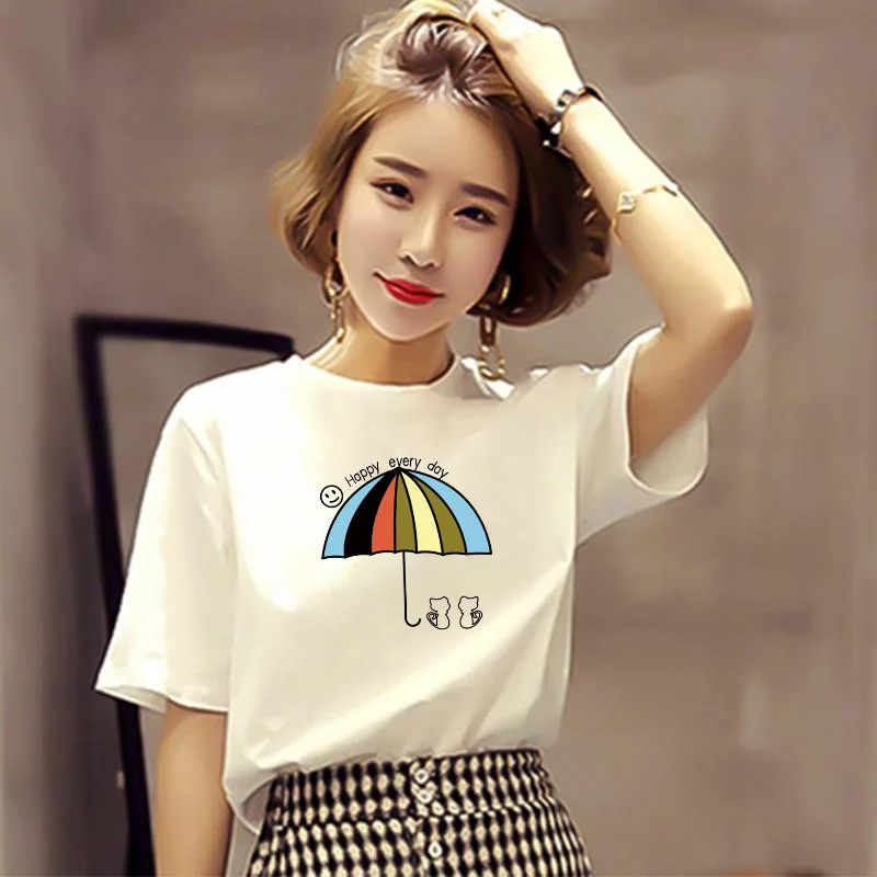 Korean Clothes Rainbow Striped Short T-shirt Women Summer Harajuku