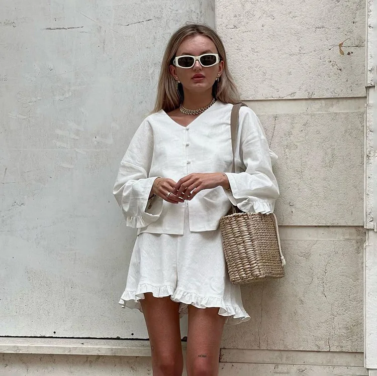 Enyami Summer Autumn French Romantic Casual Outfit Coords Cotton Fabric Ruffles Shirt Blouse Shorts Two Piece Sets Women
