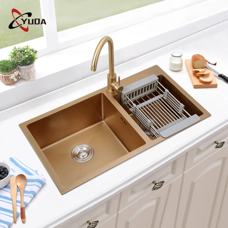 YUDA Nano Rose Golden Countertop Handmade 304 Stainless Steel Double Bowl Kitchen Sink for Home Hotel Restaurant Installation