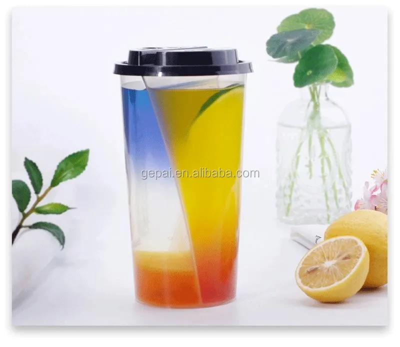 Disposable Split Twin Plastic Cup with Double Lid for Serving Two Different Drinks at Parties