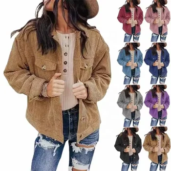 OEM Service custom Winter Autumn turn down collar Loose windproofJacket Fashion Flap Pocket Button Front Women Corduroy Jacket