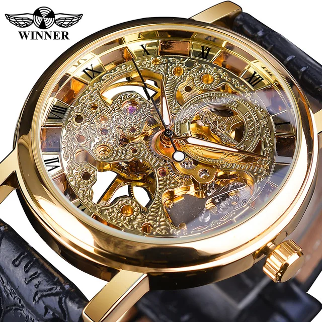 Top Brand Luxury Winner Transparent Golden Case Luxury Casual Design watch Brown Leather Strap Mens Watches Mechanical Skeleton Alibaba