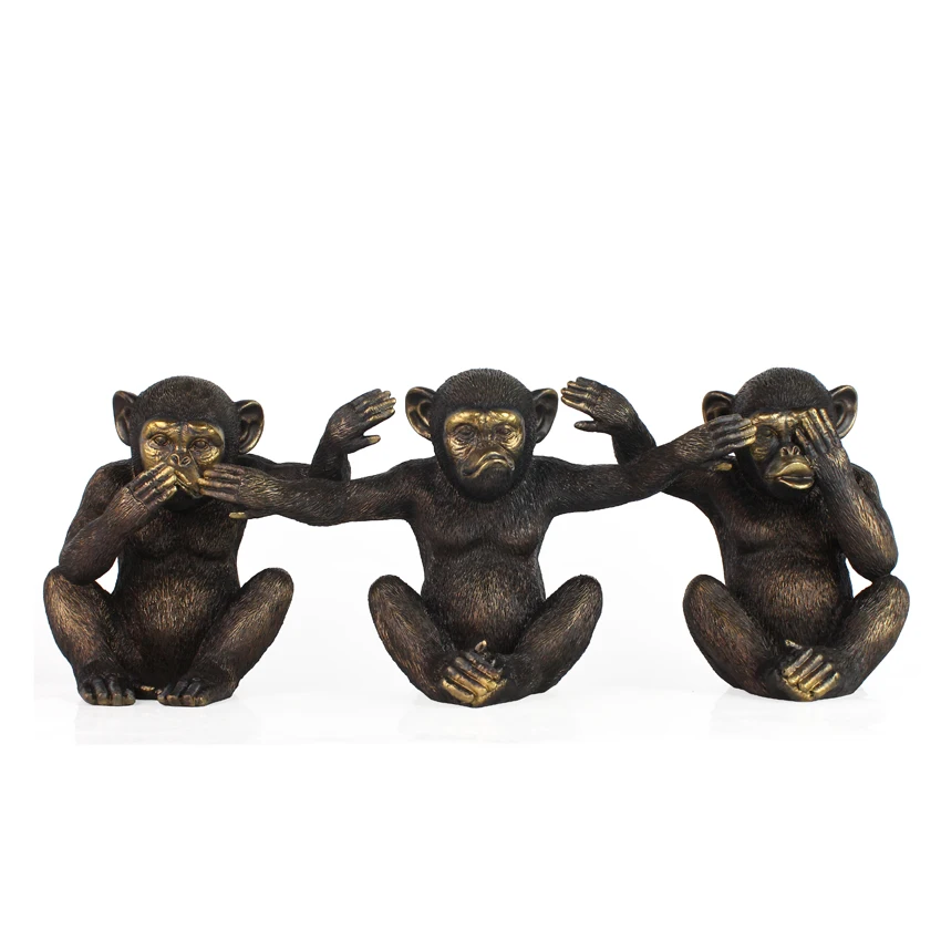 Escritório personalizado decoração de animais de bronze não ouvir não falar não ver resina artesanato ouro três macacos estátua conjunto de 3