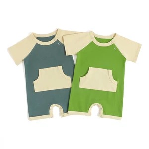Soft 100%Cotton Newborn/Infant Contrast Color Raglan-Sleeve Large Pocket Snap Romper for Spring Summer Daily