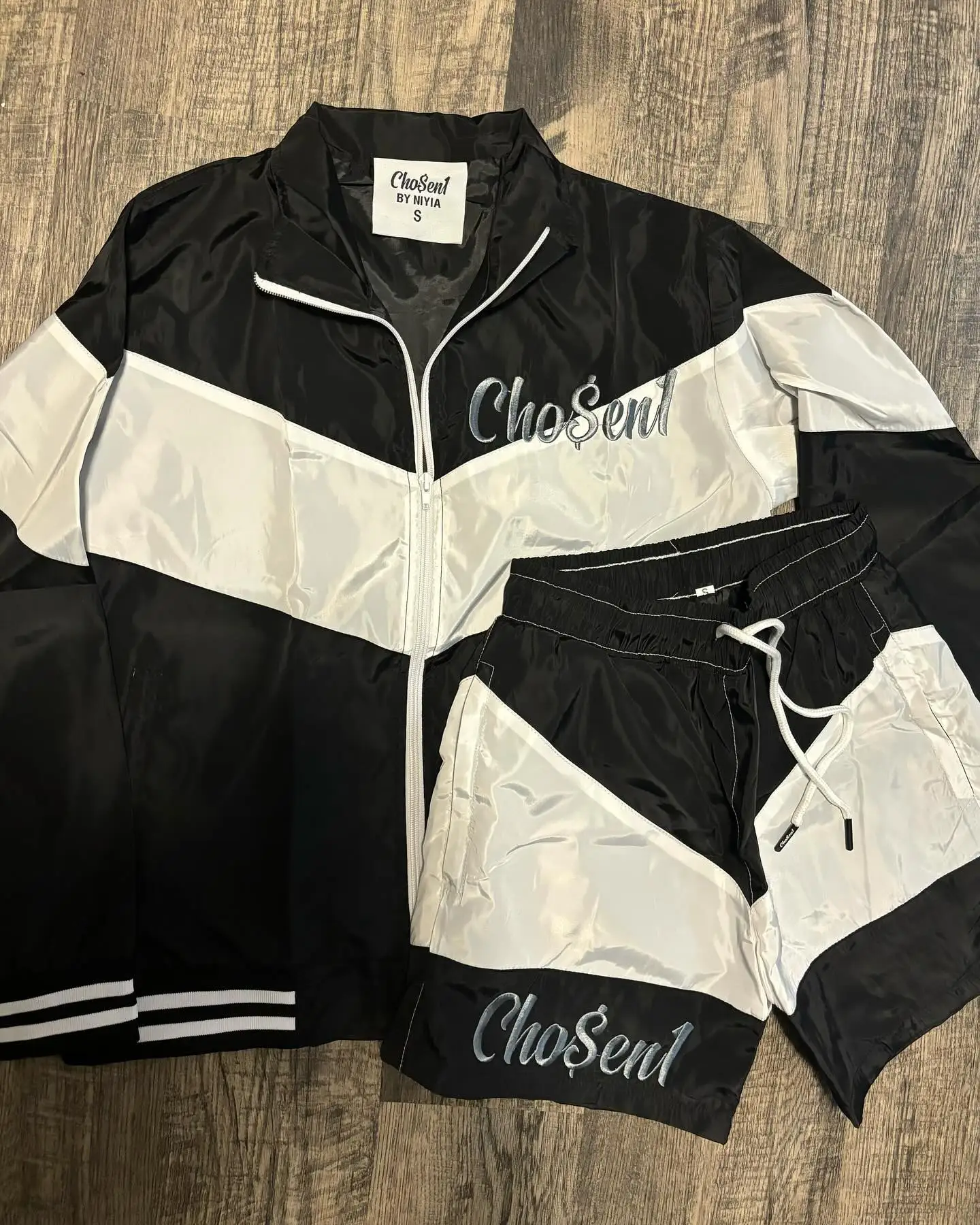 Custom Embroidery Unisex Sports Coat 2 Piece Jogger Suits Patchwork Windbreaker Nylon Zip up Jacket Tracksuit Shorts Set for Men gallery 8