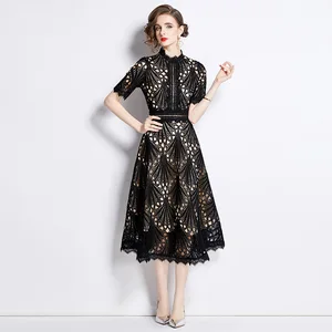Wholesale French Luxury Women's Elegant Solid Lace O-Neck Vintage Midi Woven Natural Waist A-line Casual Summer Dress Washable