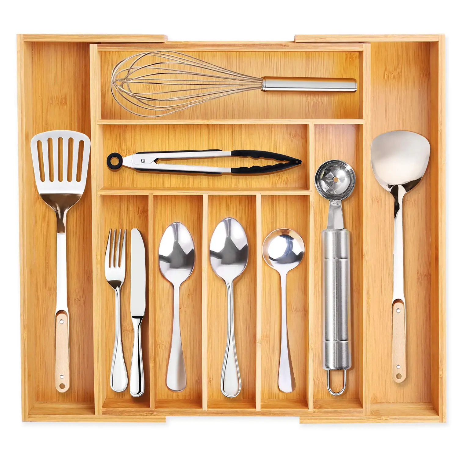 Flatware and Silverware 9 Compartments Compact Cutlery Tray Organizer Holder for Kitchen Utensils Kitchen Drawer Organizer Bamboo Expandable Utensil Silverware Organizer 