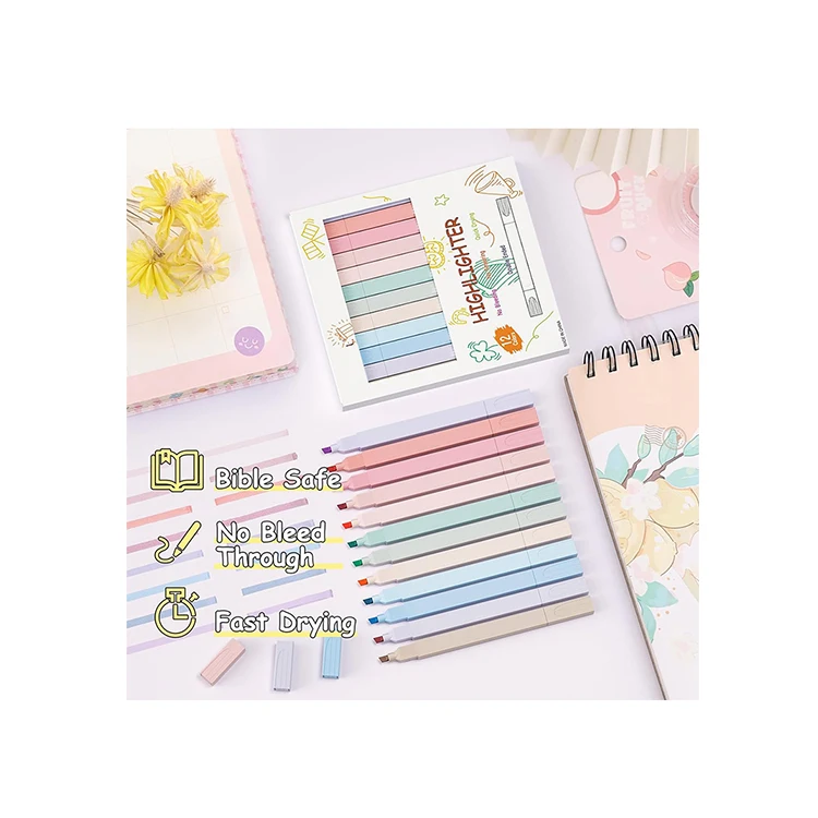 Zhejiang Manufacturer Oem New Design No Bleed Colored Dual Tip Bible Highlighter Marker Pen Set Kawaii Text Markers for