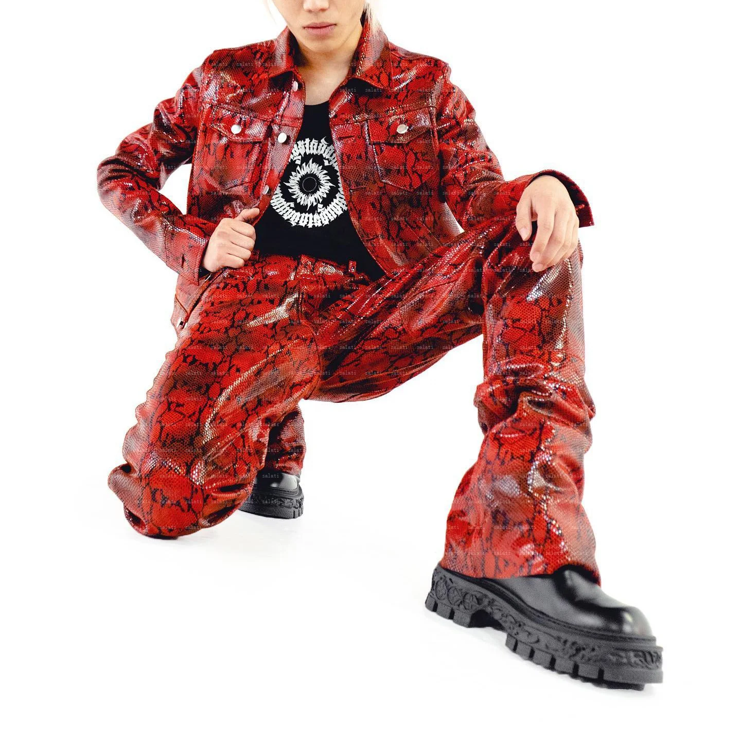 Salati Designer Snake Print Suit Jacket Button up Trucker Bomber Leather Jacket and Stacked Flared Pant Sweatsuit Set Tracksuit