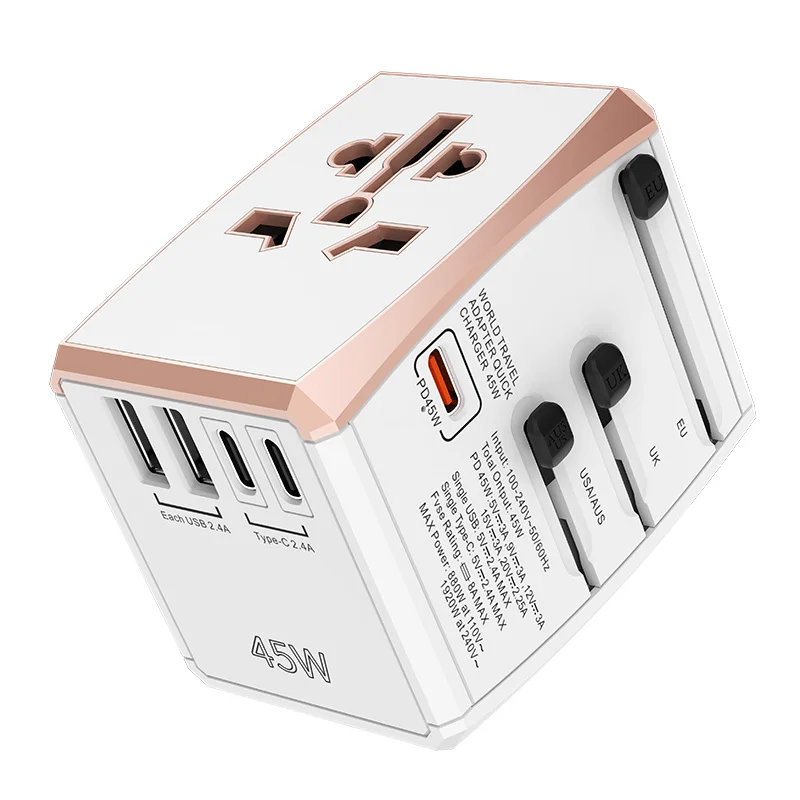 PD45W Fast Flash Charge Universal Travel Adaptor  Worldwide Travel Power Adapter AC Socket with 5 USB Ports