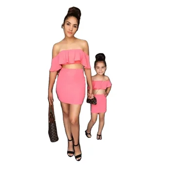 Summer New Sales Matching Mother and Daughter Outfits off shoulder Girls Tank Top 2Pcs Mother and Daughter Dress