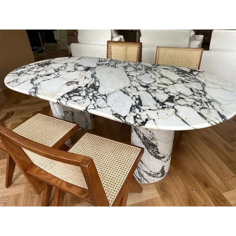 Съвременна овална маса за кафе и хранене от естествен луксозен мрамор Calacatta Violet Calcite, полирани, висококачествена за вила и интериор