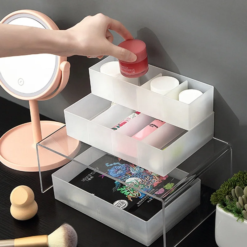 Household Custom 4 Grids Multifunction Drawer Style Separated Cosmetic Organizer Plastic Storage Box With Dividers