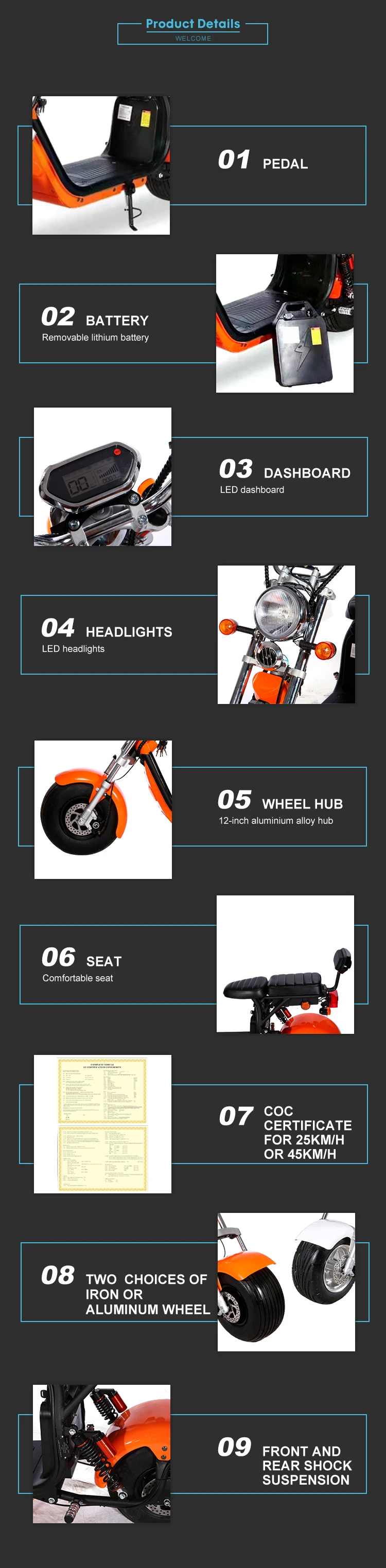 EEC/COC Certificate AMOTO 1500W 12AH/20AH/40AH Long Travel Distance Model CP-1.1 Lithium Battery Electric Kick Scooters