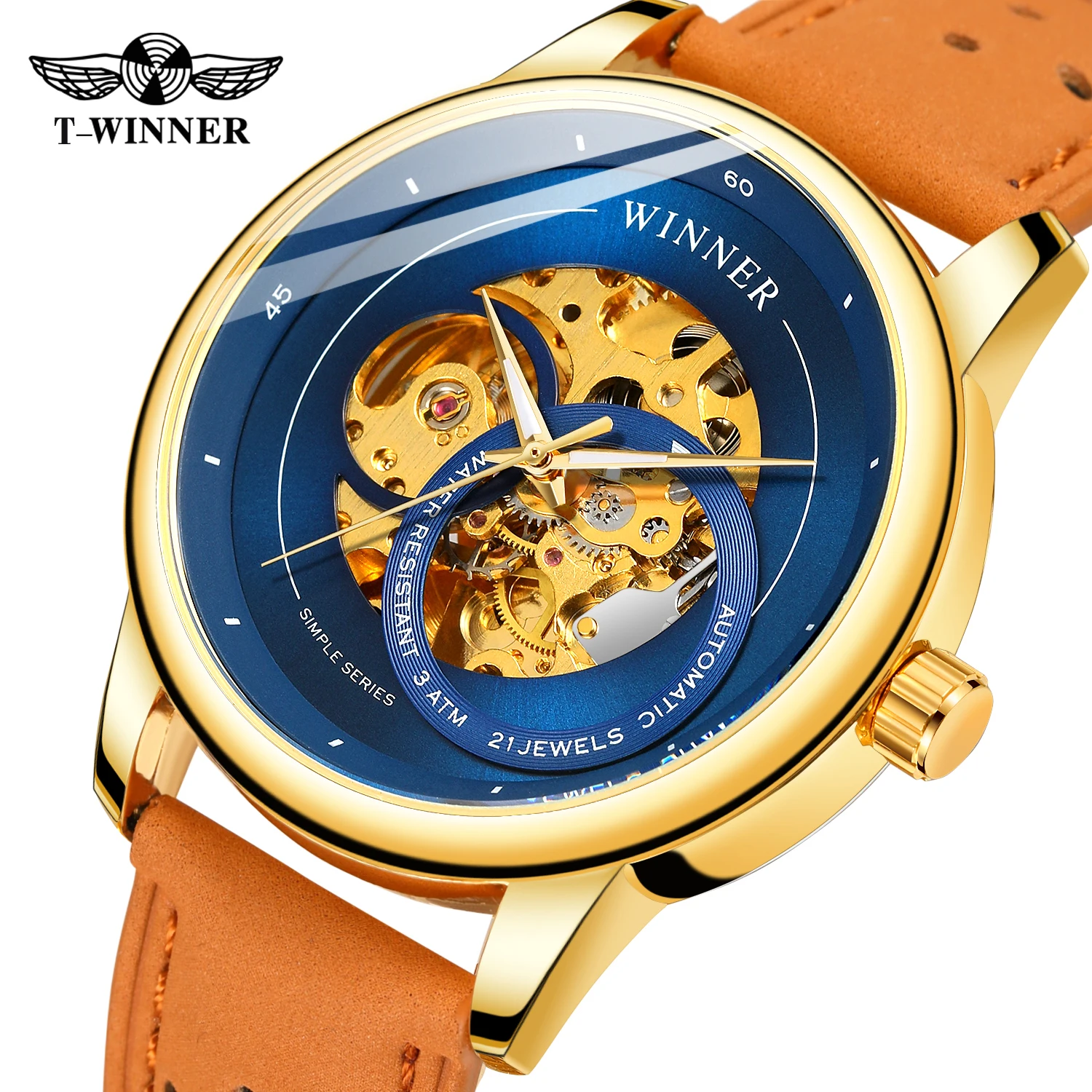 T-WINNER Gold Skeleton Men's Automatic Sport Watch