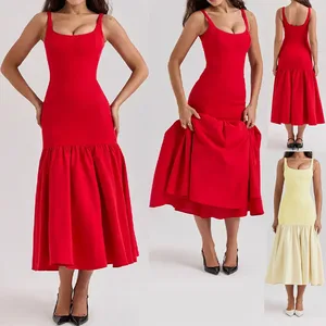 Factory Wholesale Square Collar Sleeveless Summer Apparel Women Elegant Casual Bodycon Sexy Dresses