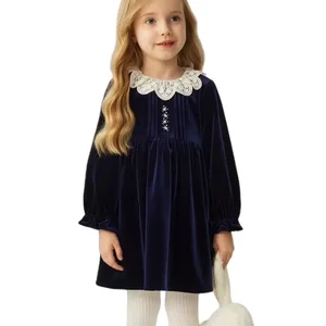Custom Fashionable Girls' Navy Blue Dress Velvet and Long-sleeved Lace O-neck Solid Color Clothing for Autumn and Winter