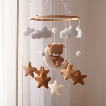 Bamboo Baby Bell Felt Cartoon Bear Cloud Star Pendant Bed Bell Mobile Baby Bed Montessori Puzzle Toy Music Wind Bell Pendant