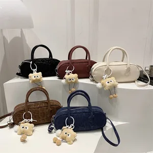 Retro Women's Bag Suede Bowling Handbag Solid Color Casual Shoulder Bag Large Capacity Ladies Underarm Bag Multi-pocket Tote Bag