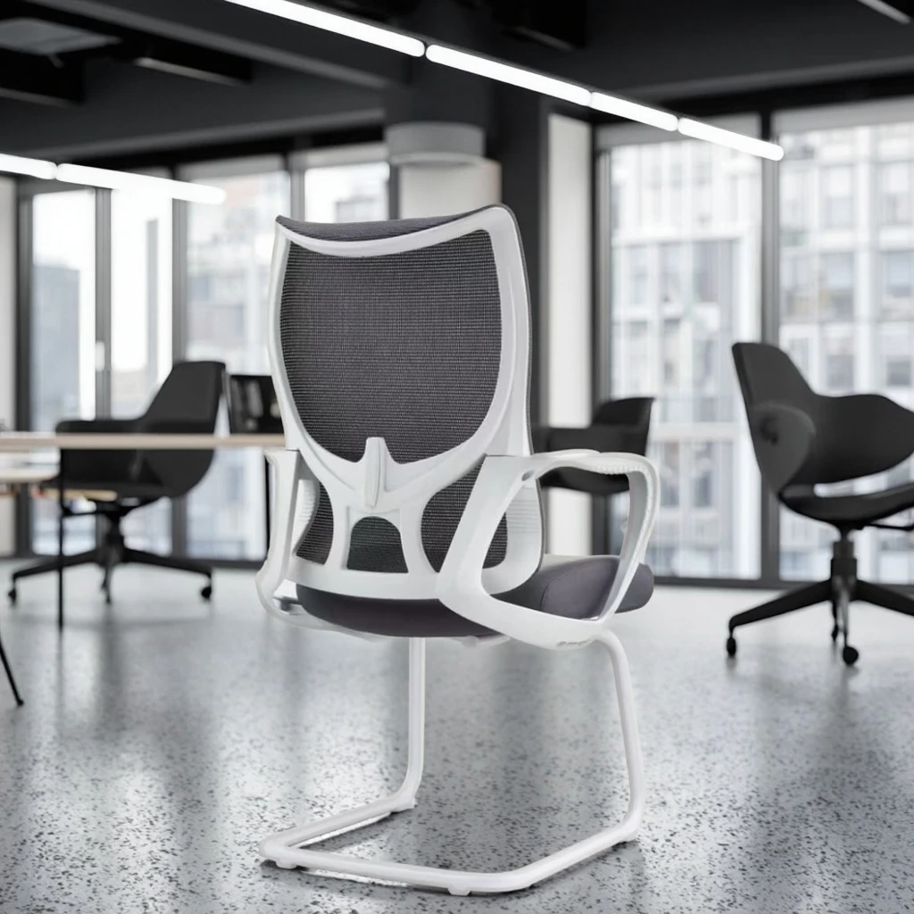 White Arched Base Modern PU Ergonomic Lift Chair Adjustable Height Fixed Fiberglass Armrest Solid Steel Structure 4