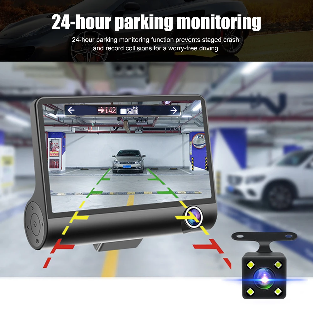 3 Lens Dash Cam 4 Inch Touch Screen With Rear Car Camera Recorder Night Vision Loop Recording G