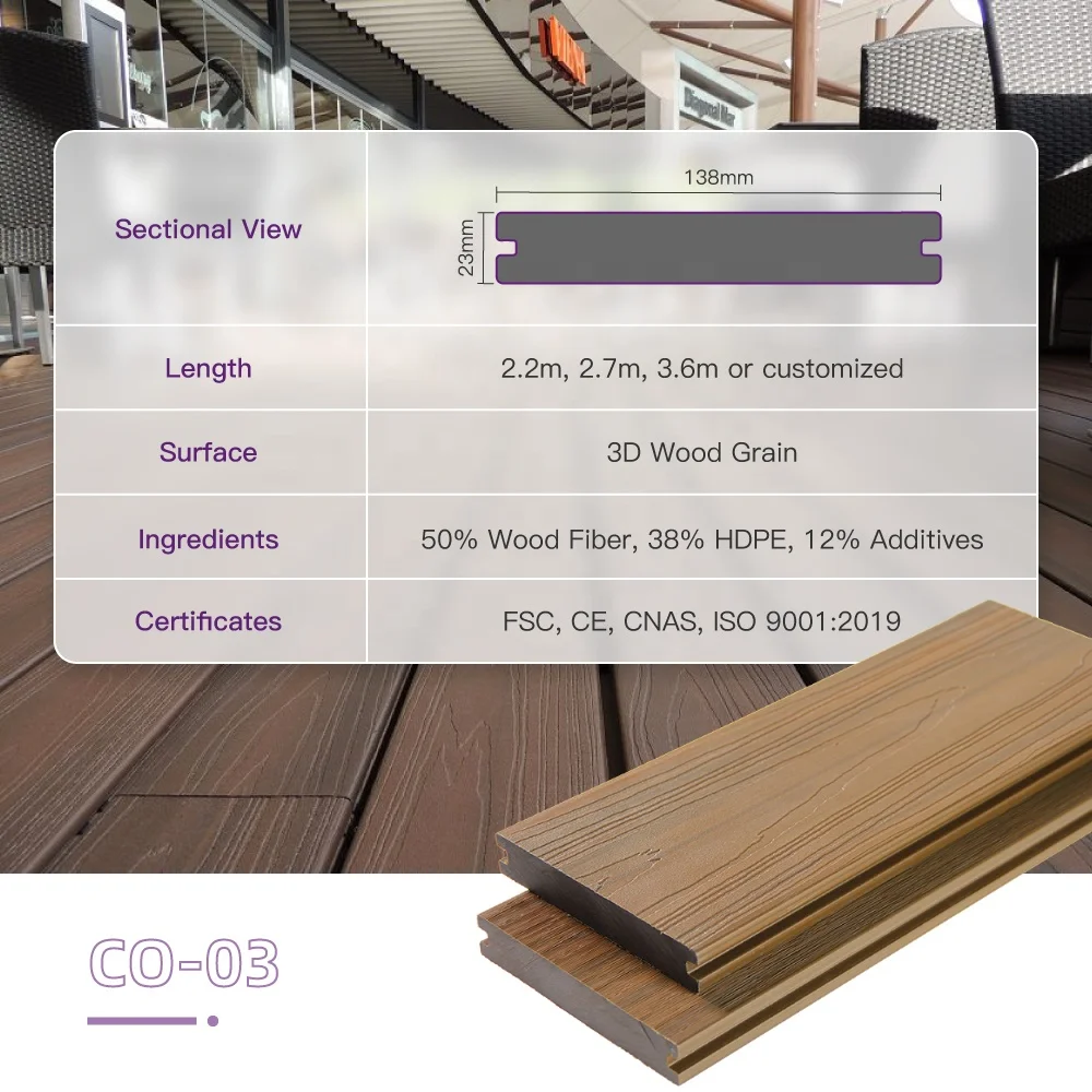 European Style Wood Plastic Composite 3D Embossing Deck Flooring Outdoor Teak Pvc Decking Garden Park Indoor Use Brushed