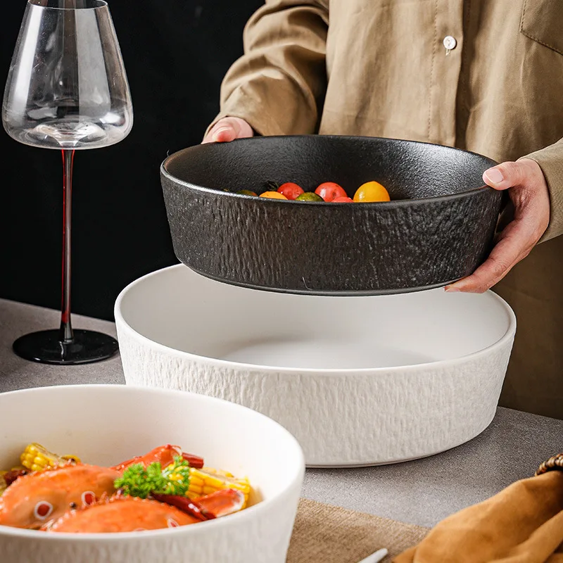 Big Capacity Stoneware Soup Bowl - Rocky Black Deep Ceramic Mixing