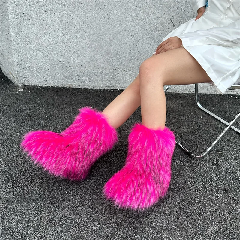 Y2K Luxury Women Fur Boots Keep Warm Winter Fashion Color Furry Girl Shoes  Fluffy Fur Snow Boots
