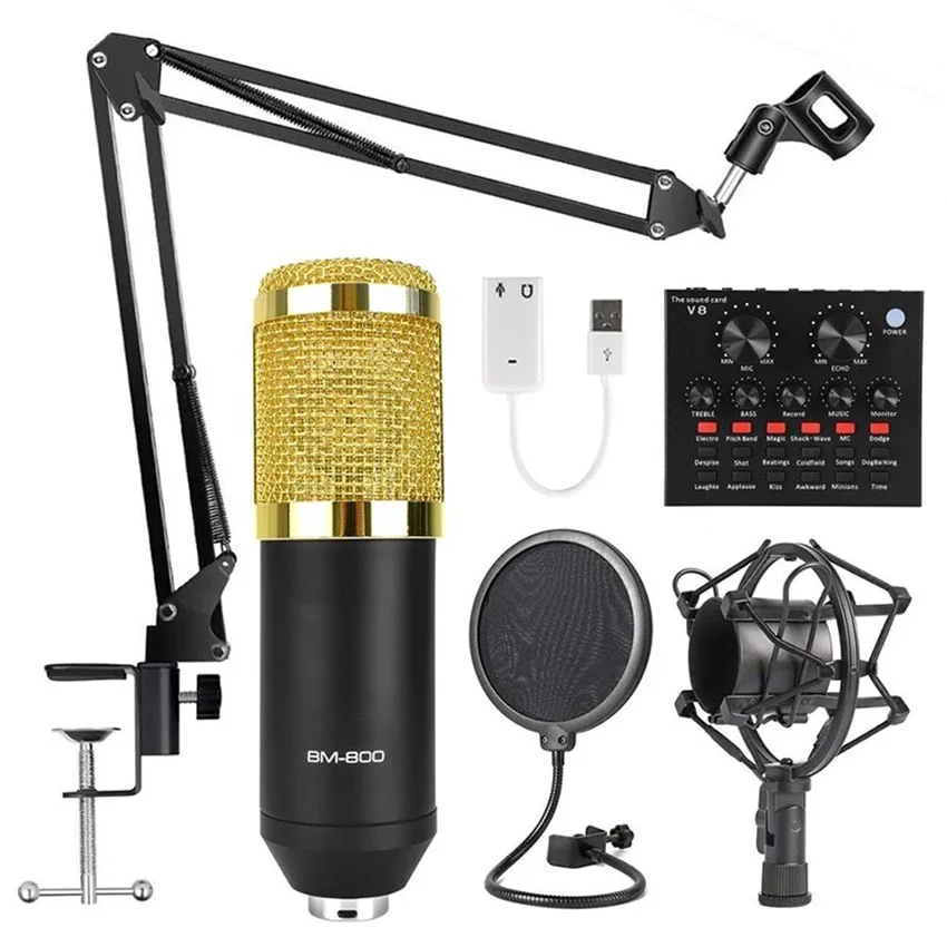 
 Профессиональный конденсаторный Студийный микрофон Bm800 V8, звуковая карта, подставка, амортизационное крепление, подставка и фильтр  