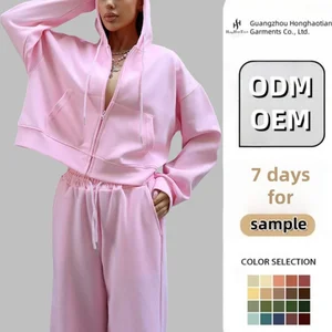 Custom Logo Casual Long Sleeve Zip Front Hoodie Drawstring Joggers Two Piece Athletic Lounge Wear Women's Matching Workout Set