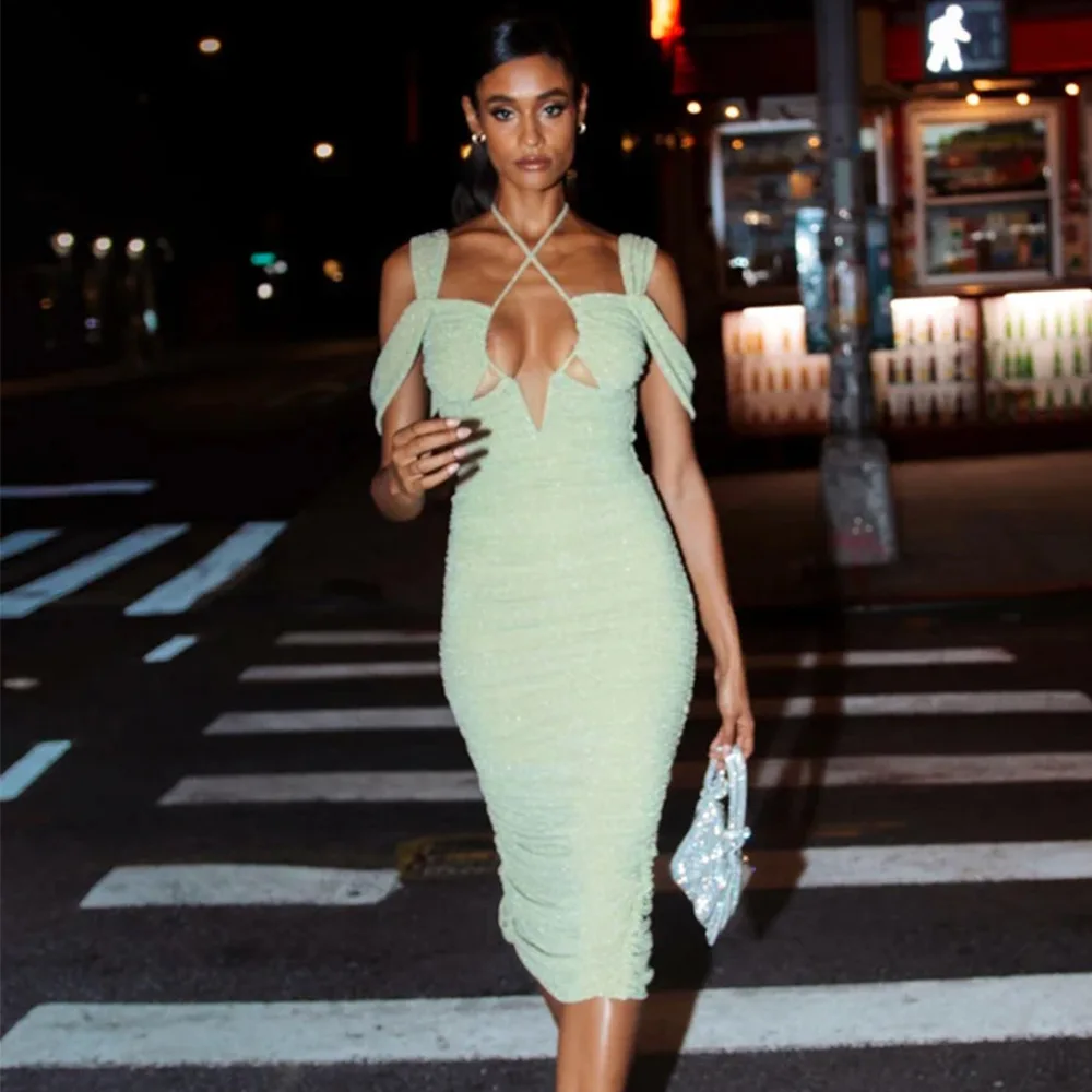 2025 New Women Casual Deep V-neck Low Cut Waisted Elegant Bandage Wrap  Bodycon Dress Sexy Outfit Evening Party Club Dress